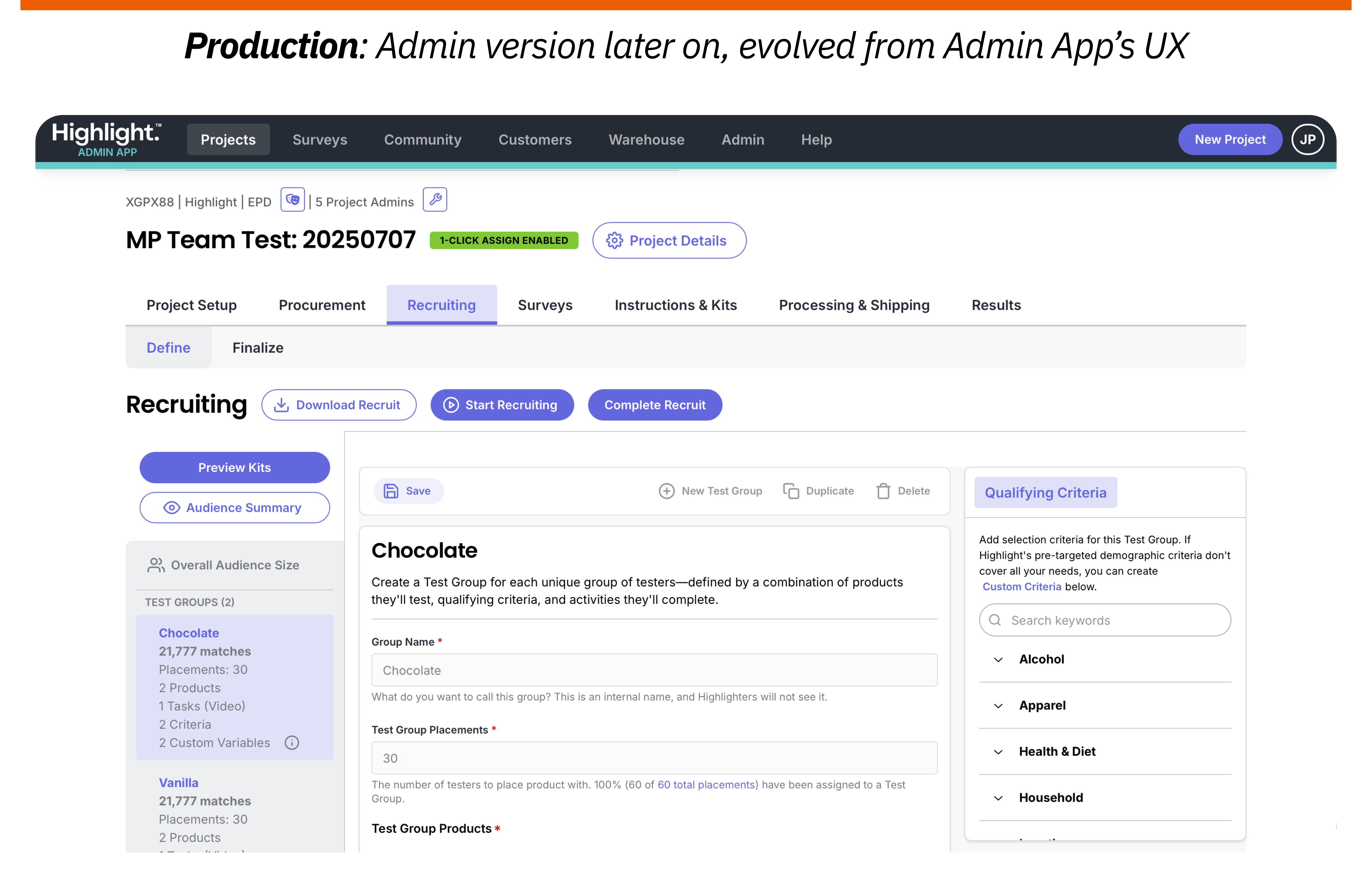 Production: Admin version — full recruiting workflow