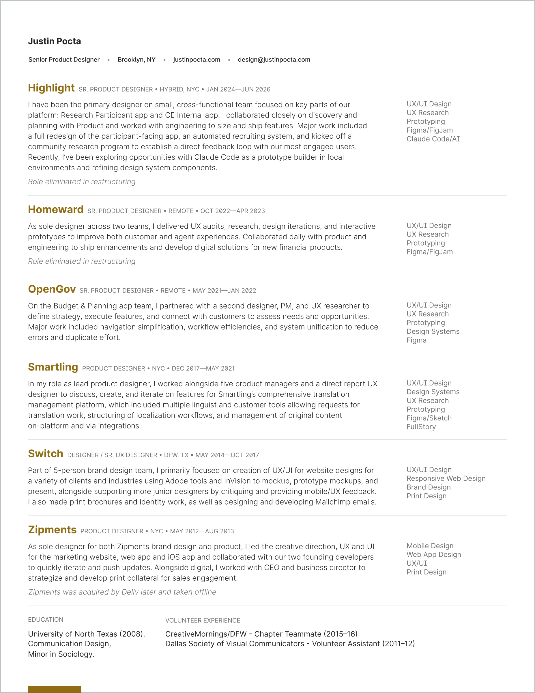 Justin Pocta's résumé